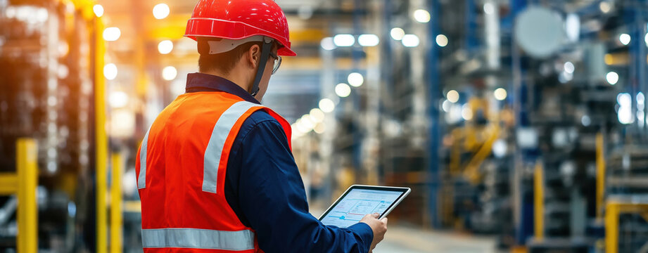 Industrial engineer using digital tablet monitoring production line in factory
