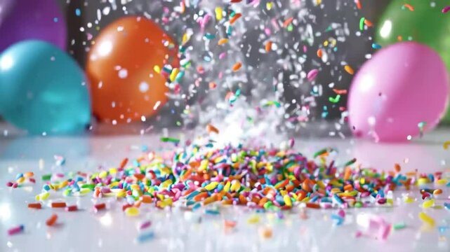 Colorful sprinkles falling from the sky with balloons in the background.