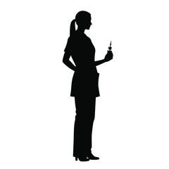 A silhouette of a nurse standing and holding a medicine bottle and an injection syringe