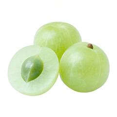 Obraz premium Fresh Amla (Indian gooseberry) fruits with cut in half and leaves isolated on white background. 