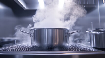 Stainless Steel Pot on Stove with Steam Rising, Capturing the Essence of Home Cooking in a Modern Kitchen Environment