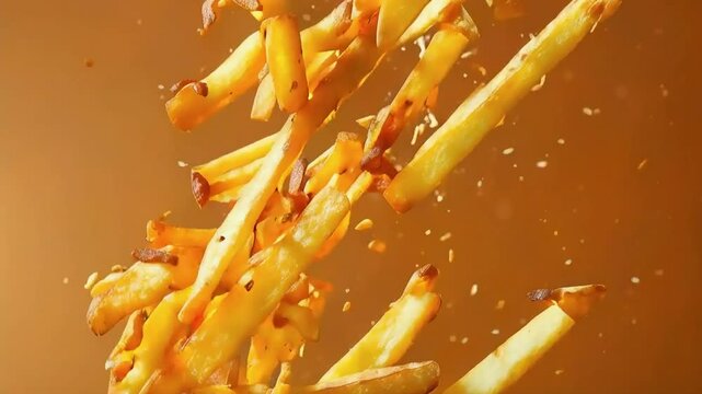 Crispy golden french fries falling in mid-air against a brown background.