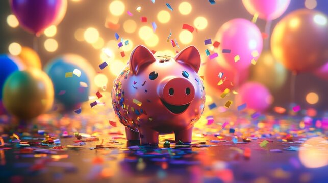 A cheerful piggy bank stands amidst vibrant balloons and colorful confetti, celebrating a joyous occasion. The festive atmosphere is enhanced by warm, bright lights creating a fun ambience.