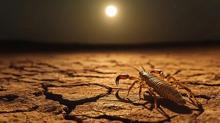 Scorpion Crawling Across Cracked Desert Under Moonlit Night