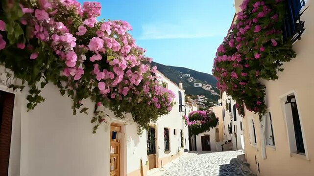 flowers 4K footage charm beauty famous tourist destination town island house cyclade architecture blue tour tourism building travel vacation village white