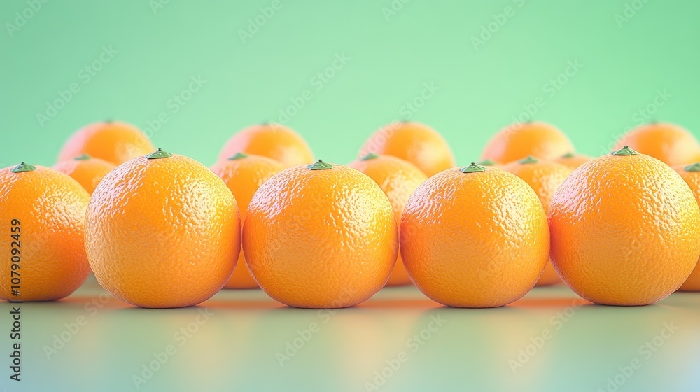Poster numerous oranges displayed against a light green backdrop flat top perspective vertical orientation 