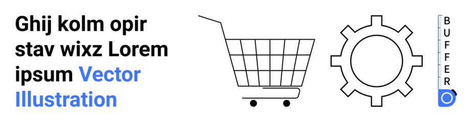 Shopping cart, gear icon, and vertical buffer text indicator. Ideal for e-commerce, shopping, settings, configuration, online services, user interface, website design. Banner for landing page