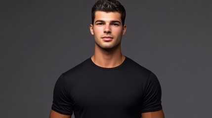 Fototapeta premium Confident young man in a plain black t-shirt against a dark background, showcasing a casual yet stylish look, perfect for fashion and lifestyle themes in photography.