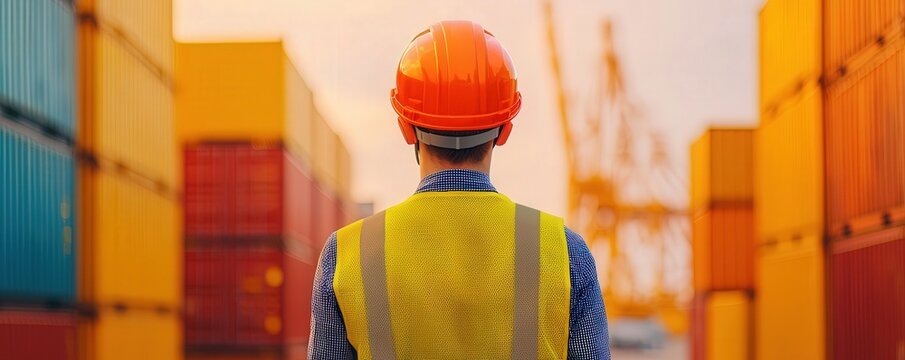 Blockchain, Supply Chain Management. A worker in a hard hat and safety vest stands between shipping containers at a port, observing the bustling logistics environment.