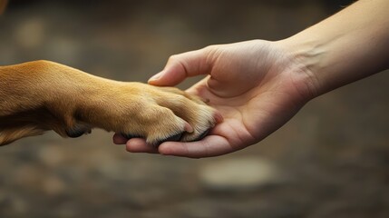 Human hand gently touching a dog paw, illustrating the bond friendship