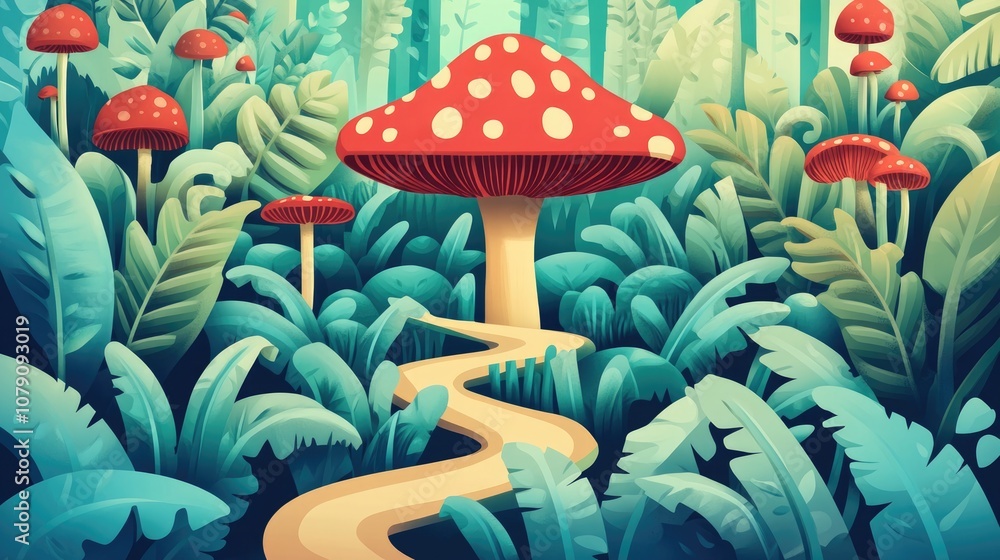 Poster abstract square maze featuring a path leading to a charming mushroom designed as a children s game o