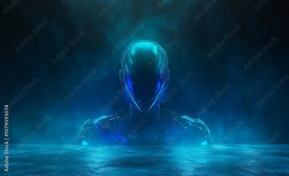 Poster empty of cyberpunk style dark room with glowing wall light for product display. 3d rendering mock up