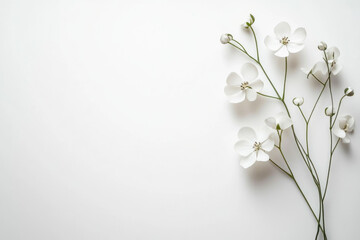 Fototapeta premium Delicate white blossoms bloom against a pristine white background, creating a simple yet elegant scene
