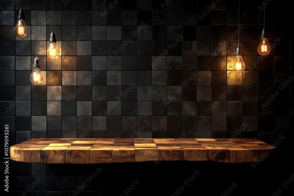 Poster empty of empty brown plank wood shelf at black modern tile wall background with light bulbs string,m