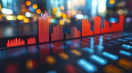 Red data bars on a digital screen in front of city lights.