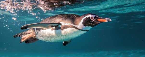 Obraz premium Humboldt penguin swimming underwater in clear blue water