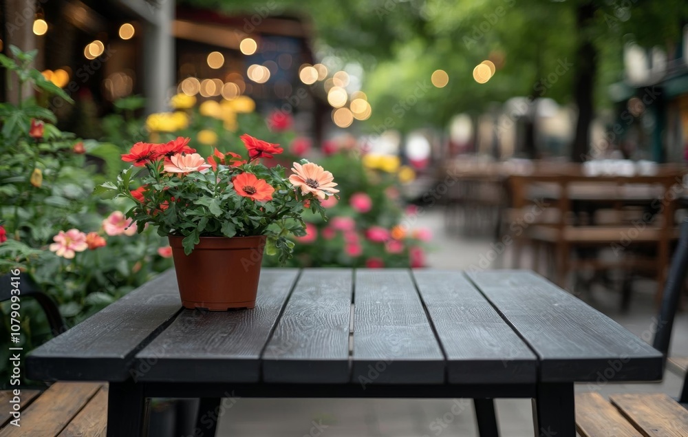 Aufkleber empty of empty dark wooden table in front of abstract blurred bokeh background of restaurant
