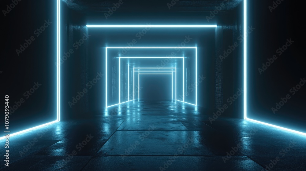 Aufkleber neon lines illuminating a dark vacant space rendered in 3d digital illustration created using comput