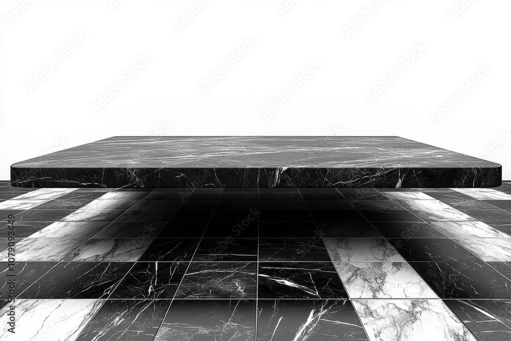 Poster empty of empty marble stone shelf at black layer marble tile wall background