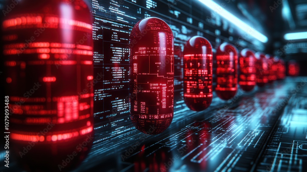 Aufkleber red glowing capsules with digital code on a futuristic tech background.