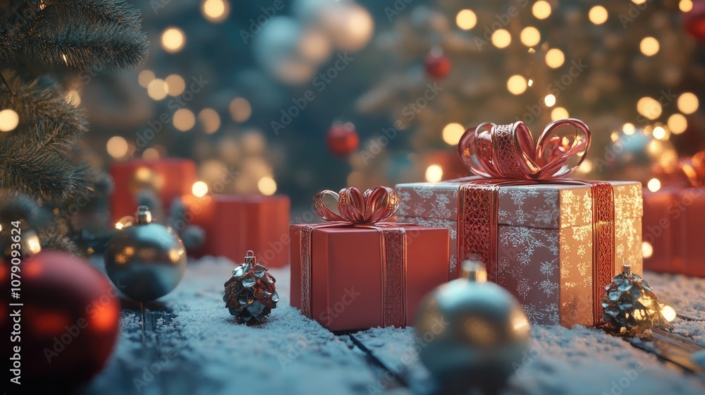 Wall mural 3D visualization of festive gift boxes and decorative ornaments