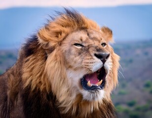 close up of a roaring lion in the wild