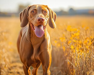 Hungarian vizsla dog walking through a golden field in autumn
