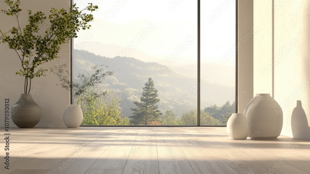 Poster concept of a minimalistic scandinavian interior featuring vases on a wooden floor and a large wall w