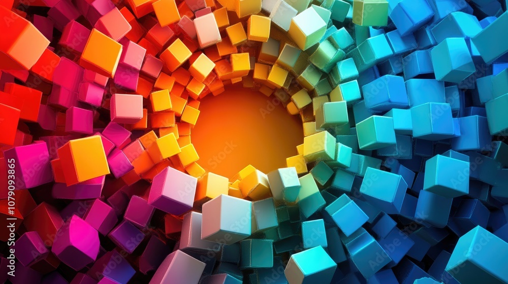 Poster vibrant circular formation of scattered open box elements colorful raster abstraction featuring a br