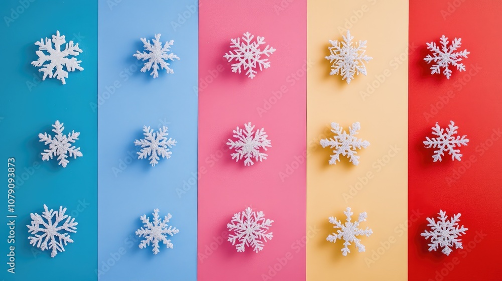 Poster snowflake winter pattern set against a colorful background seasonal theme flat lay composition