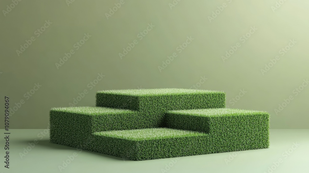 Poster 3d rendered square grass podium on the floor with geometric shapes and platforms for product present