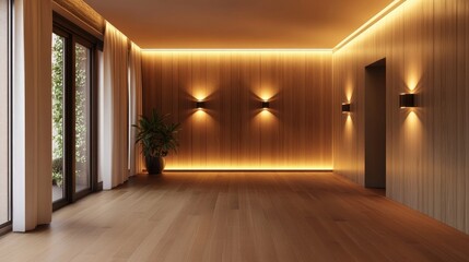 Fototapeta premium A modernly renovated empty room illuminated by wall lights in the evening 3D render