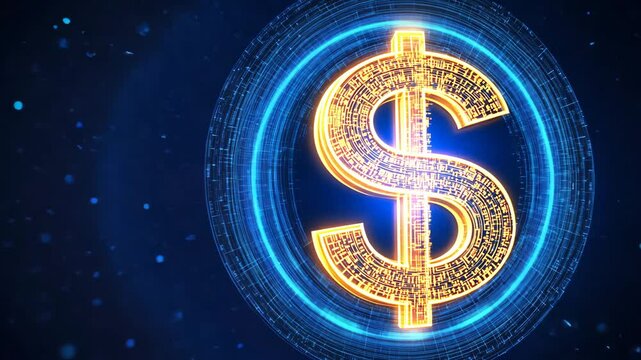 A glowing digital dollar sign surrounded by blue particles, symbolizing finance and technology.