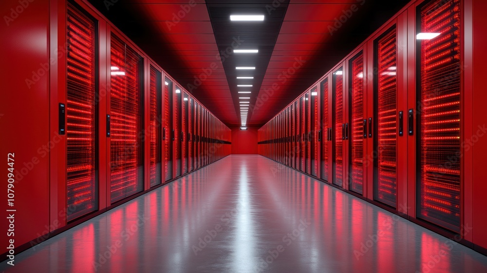 Poster red server room with rows of racks and lights.