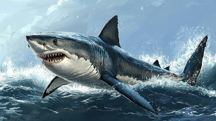 Fototapeta premium Illustration a great white shark poised for an attack