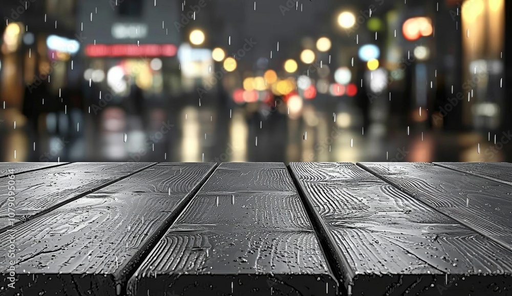 Poster empty of empty wooden table top with defocused dark concrete wall background