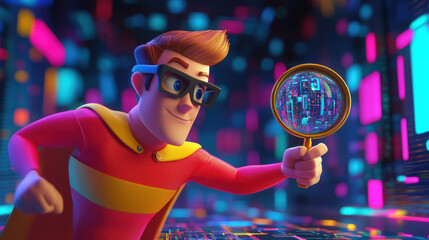 Cartoon superhero with glasses, holding magnifying glass in digital world