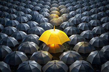 A single vibrant yellow umbrella stands out amidst a sea of grey umbrellas, symbolizing uniqueness and positivity.