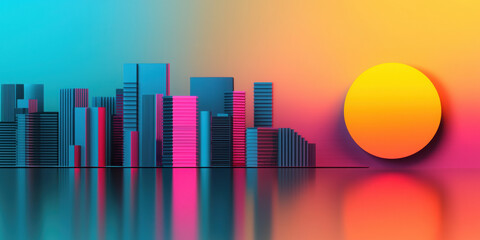 Fototapeta premium Vivid city skyline at dusk with colorful neon lights and sunset