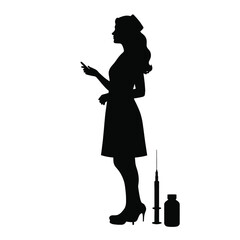 A silhouette of a nurse standing and holding a medicine bottle and an injection syringe