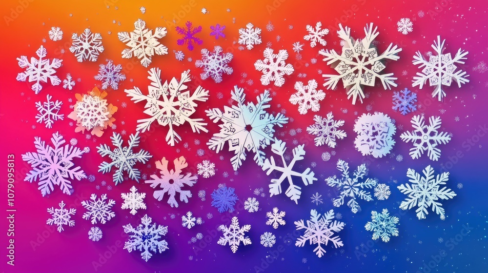 Poster flat design of snowflakes on a vibrant backdrop raster illustration ornamental snowflake pattern sno