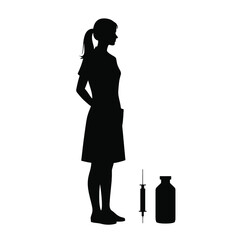 A silhouette of a nurse standing and holding a medicine bottle and an injection syringe