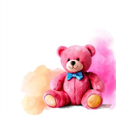 Fototapeta premium A charming pink teddy bear with a blue bow tie, sitting against a colorful watercolor splash background, perfect for children's decor and gifts. on a white background