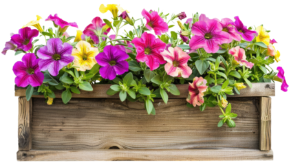 Wooden planter box filled with green plants isolated on a transparent background.