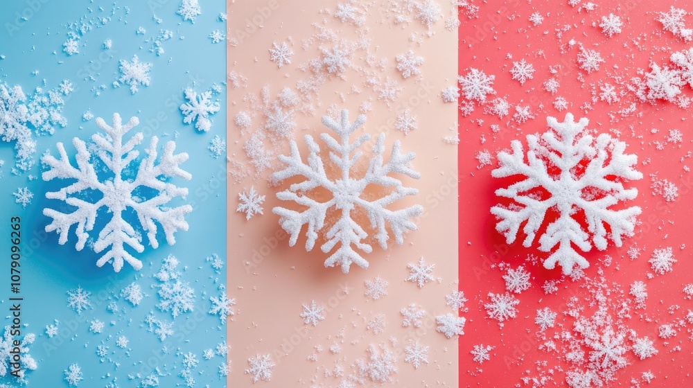 Poster snowflake winter pattern set against a colorful background seasonal theme flat lay composition