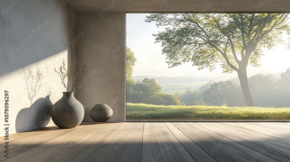 Poster concept of a minimalistic scandinavian interior featuring vases on a wooden floor and a large wall w