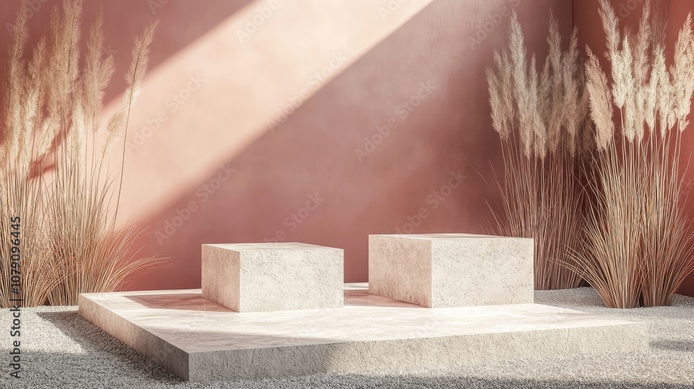 Poster 3d rendered square grass podium on the floor with geometric shapes and platforms for product present