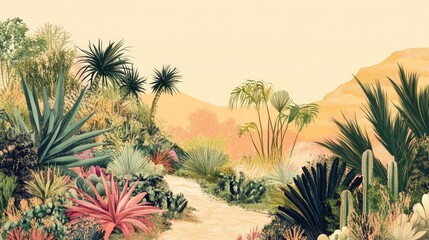 Scenic hilly terrain adorned with tropical vegetation including palms and succulents presented in warm pastel hues Highlights environmental themes and outdoor spaces Raster image