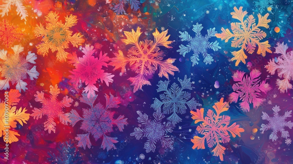 Poster flat design of snowflakes on a vibrant backdrop raster illustration ornamental snowflake pattern sno