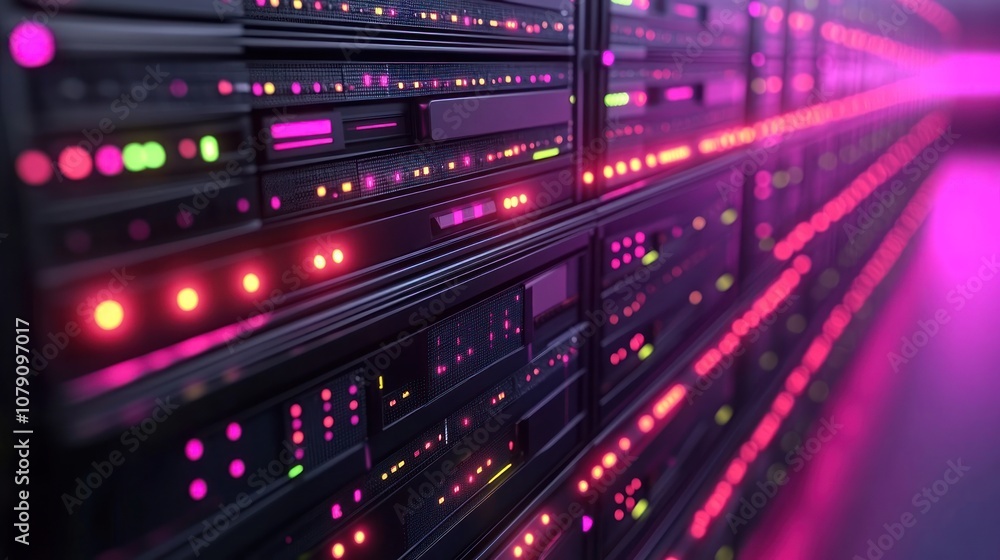 Poster rows of glowing servers in a data center.